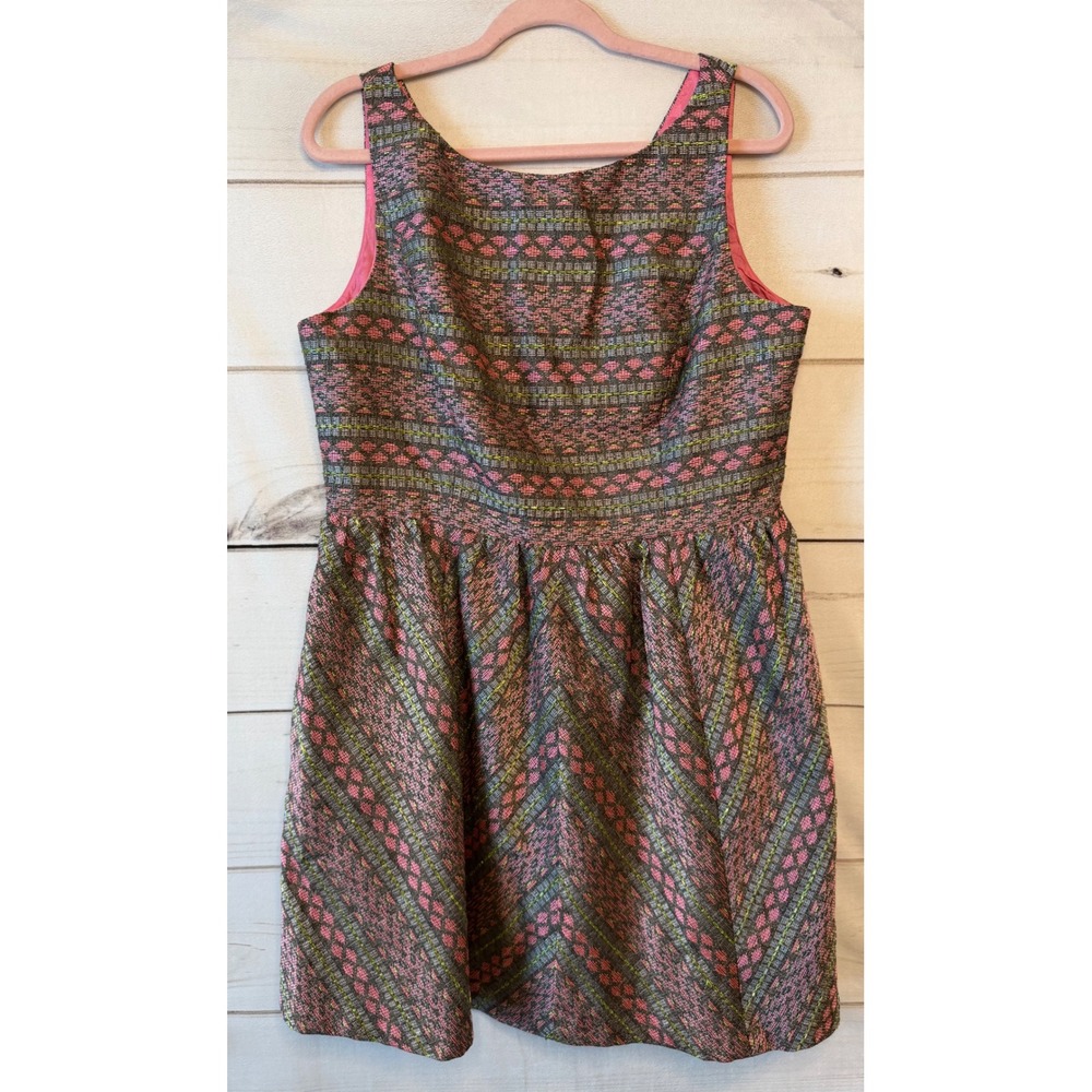 Adrianna Papell Pink Grey Geometric Beaded Jacquard Fit & Flare Dress US 18